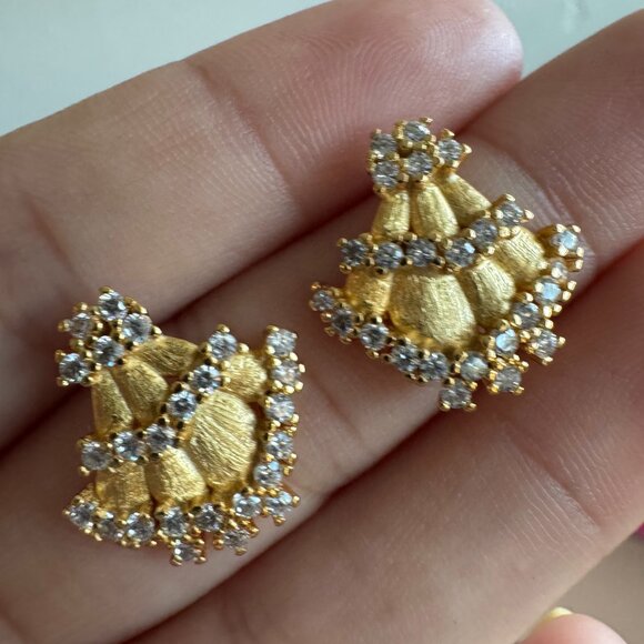 Gold Plated Stud Earrings with CZ – Fan Shape Statement - Picture 2 of 5